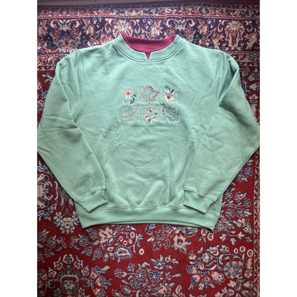 Haband granny Vintage Green Collared Sweatshirt M Embroidered Sunflowers Fall